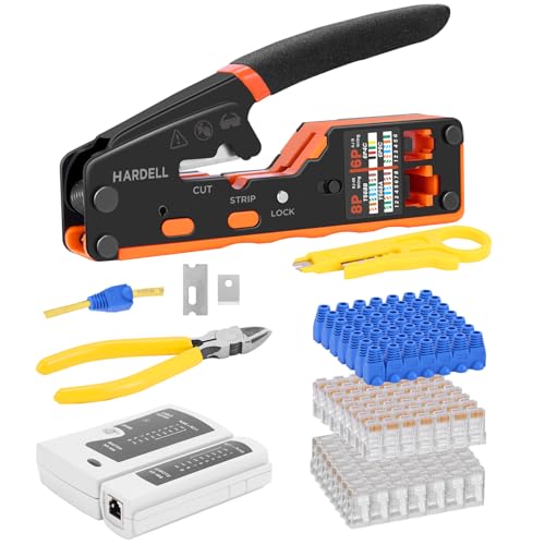 HARDELL Pinza Crimpatrice RJ45, Crimpatore Ethernet Passante per Connettori RJ11/RJ45 Cat5/Cat6, Kit Completo con Schema di Cablaggio, Lame di Ricambio, Guaine, Tester e Batteria