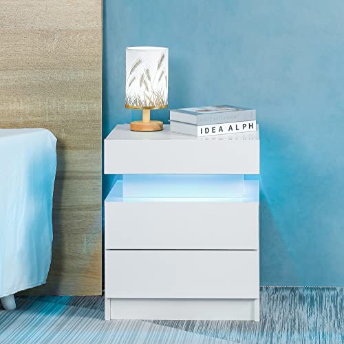 Yoluckea Led Nightstand For Bedroom, Modern High Gloss Wood 2 Drawers White Nightstand Bedside Table End Table With Flip Top Hidden Storage Compartment For Bedroom Living Room (2 Pcs) #TOP6