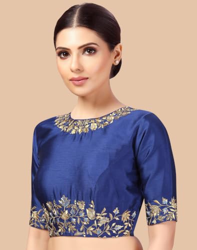 Image of Studio Shringaar Women's Readymade Art Silk Embroidered Saree Blouse with Elbow Length Sleeves