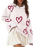 Saodimallsu Womens Oversized Heart Sweater Crew Neck Long Sleeve Knit Cute Valentines Pullover Sweaters White Red