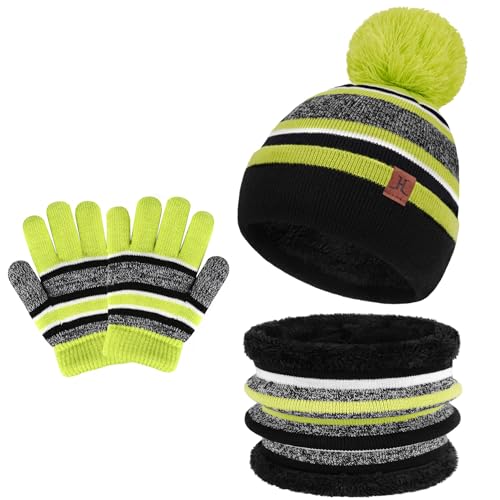 Bequemer Laden Kinder Baby Wintermütze Gestreifte Pompon Beanie Mütze und Schal Handschuhe Strickset für Jungen Mädchen mit Thermal Fleece Futter,Zitronengrün,Einheitsgröße