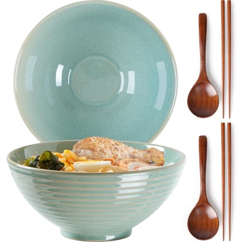 NUTRIUPS Set of 2 Ceramic Ramen Bowls with Spoons & Chopsticks, 40oz Large Soup Bowls for Udon, Miso, Noodles (Mossy Glaze)