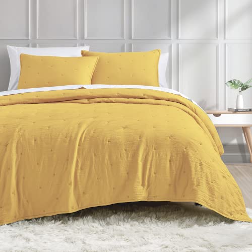 Bourina Reversible Bedspread Coverlet Set - Pre-Washed Microfiber Ultra Soft Lightweight Star Quilted 3-Piece Quilt Set King, Mustard #TOP19