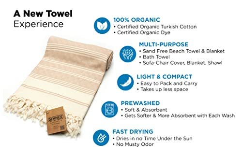Demmex Certified 100% Organic Turkish Cotton Beach And Bath Towel, Peshtemal Towel Blanket, Quick Dry Sand Free, Oversized Light Compact, Diamond Weave, Prewashed, 71X36 Inches, 14 Oz (Beige) #TOP3
