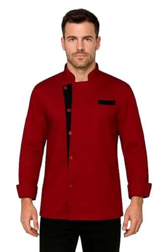 Two-Tone Long Sleeve Chef Coat – Fashionable Beige with Black Accents for Professionals (Red, 4XL)