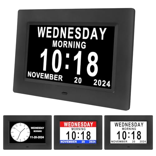 Johnziny 7 Inch Digital Clock with Day and Date for Elderly Large Display Digital for Elderly Dementia Clock Alarms, 12 Alarms and 8 Tags,4 Colors Display Calendar Alarm Clock(Black)