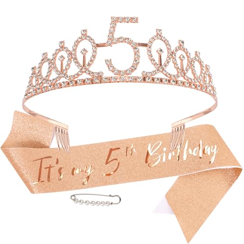 Tiara de 5º cumpleaños rosa oro con banda satinada para fiestas infantiles de niñas