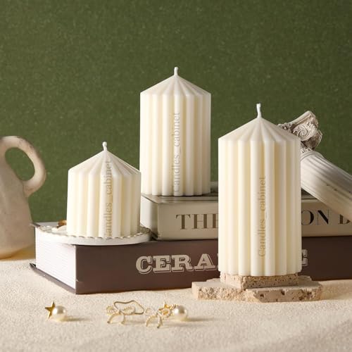 CANDLE CABINETS Ribbed Pillar Candle Set of 3 – 3.2x2 Inch Soy Wax Scented Candles – Minimalist Ribbed Texture for Aesthetic Home Decor & Romantic Gifting (White)