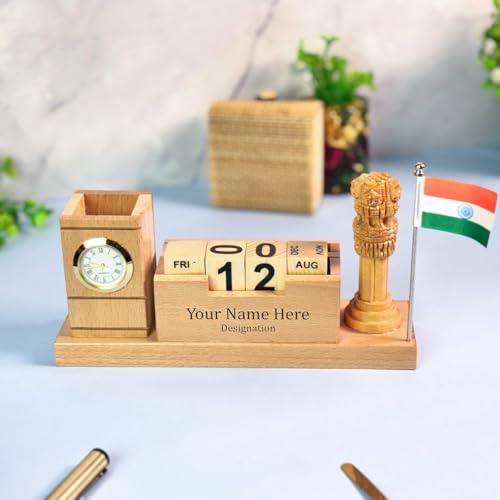 Image of EpicLane Wooden Pen Holder with Clock, Infinity Calendar, Visiting Card Holder & Mobile Stand | Desk Organizer (Ashoka)