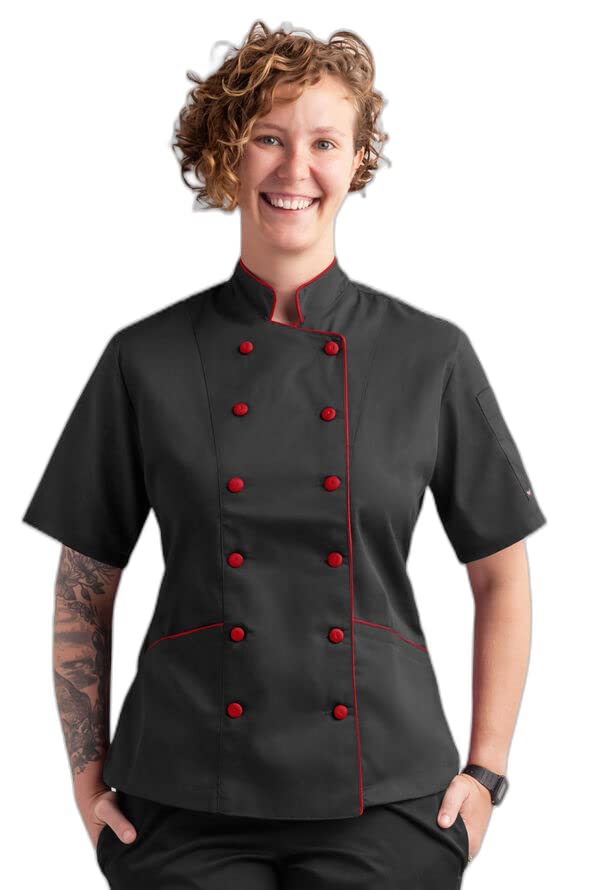 Tailored w/Piping Women's 3-Pocket Short Sleeve Chef Coat white (TRUE RED/BLACK, XS)