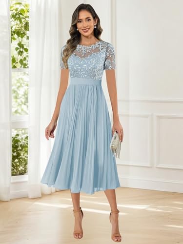 BOLENSYE Chiffon Lace Mother of The Bride Dresses Tea Length Formal Dress Short Sleeve Evening Gown for Women4