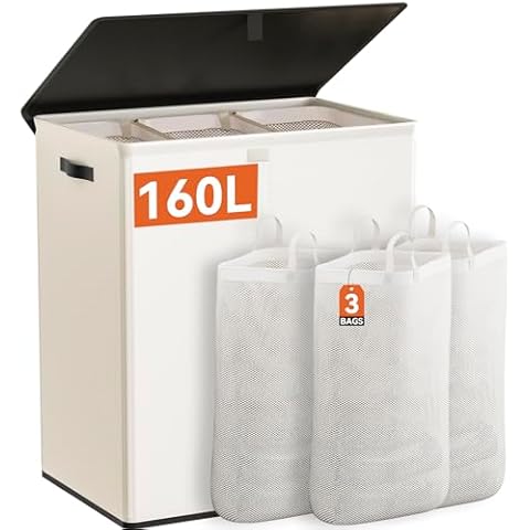 WOWLIVE Laundry Hamper with Lid,160L Large Laundry Basket 3 Section with Removable Washing Bags,Collapsible Waterproof Dirty Clothes Hamper for Laundry Room Bathroom Dorm,Beige Cover