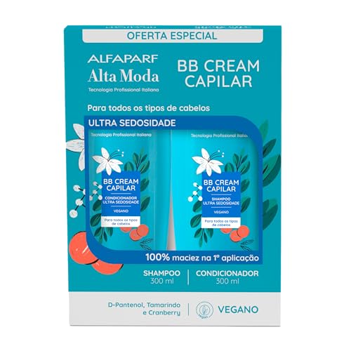 Embalagem do kit Alfaparf Alta Moda BB Cream contendo um shampoo e um condicionador de 300ml cada, com tons de azul e detalhes em branco e laranja