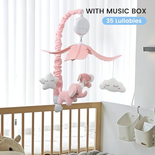 FEISIKE Crib Mobile for Girls Baby Mobiles with 3 Modes Digital Music Box(Turn Only, Music Only, Turn & Music, 35 Lullabies, Pink Elephant Nursery Mobile, Clamp Type, Pretty Box Packaging