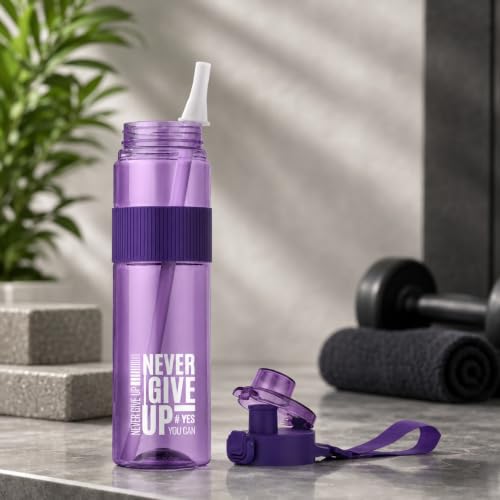 Image of Sports Water Bottle with Straw & Carry Strap | Leakproof BPA-Free Gym Bottle | Flip Lock Lid | MOTIVATIONAL NEVER GIVE UP BOTTLE | Office, School, Gym & Travel (Purple)