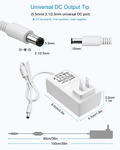 ALITOVE 12V Power Supply 12 Volt 3A 36W AC/DC Adapter White DC 12V Power Cord 12V 2.5A 2A 1.8A 1.5A AC to DC Converter with 5.5x2.5mm Tip for Baby Brew Bottle Warmer 3D Printer Camera Wireless Router - Thumbnail 3