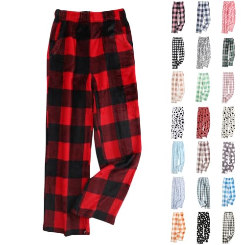 Plaid Fuzzy Pajama Pants Women Winter Fleece Lounge Pants with Pockets