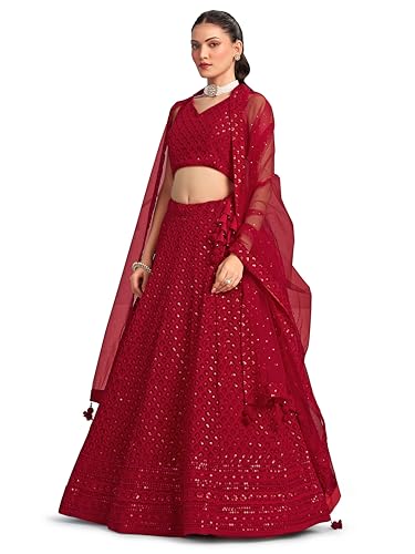Image of Zeel Clothing Women's Sequins Thread Embroidered Georgette Lehenga Choli With Dupatta (5124-Women-Lehenga-Choli-New; Free size)