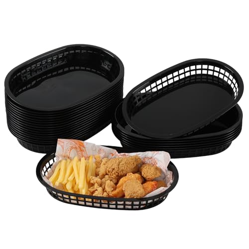 CadineUS 24 Pack Plastic Oval Shaped Fast Food Baskets, Black Deli Food Service Basket Tray