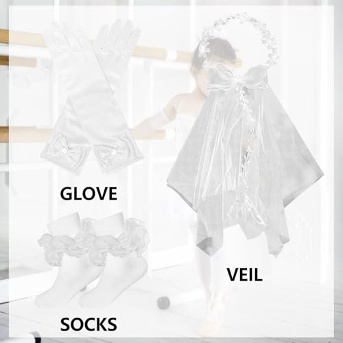 3 Pcs First Communion Veil Set for Girls - White 1st Communion Veil,White Satin Gloves and Lace Ruffle Socks,First Holy Communion Accessories for Girls Wedding Princess Tea Party2