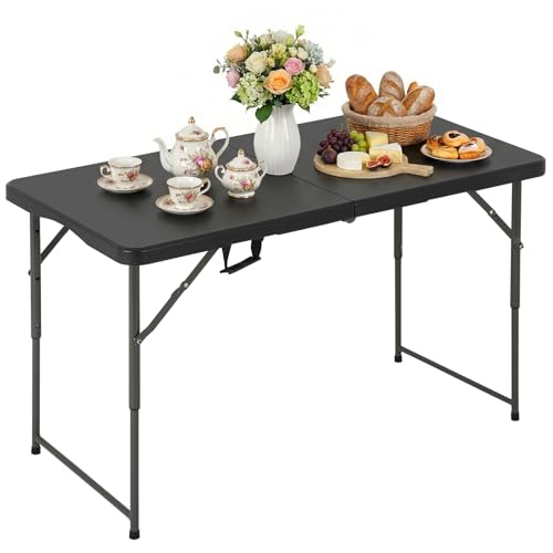 Folding Table, 4 FT Heavy Duty Plastic Foldable Table with Carrying Handle, Adjustable Height Portable Party Tables for Garden Party Picnic Camping BBQ Dining Kitchen Wedding Market Events (Black)
