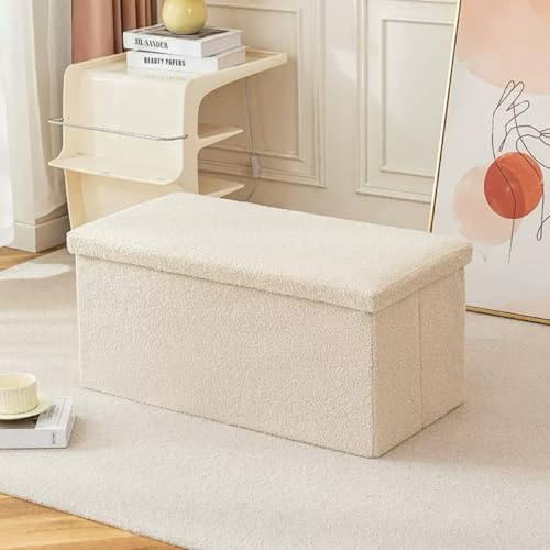 SEECCUB Ottoman with Storage for Living Room, Sherpa Folding Storage Ottoman Foot Rest, 30 Inches Collapsible Bedroom Bench Cream White (Large)