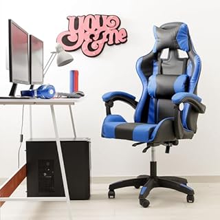 Baroni Home Sedia da Gaming Ergonomica con Massaggiatore Lombare, Sedia da Ufficio con Schienale Reclinabile con Cuscini Regolabili Poggiatesta e Supporto Schiena, Blu