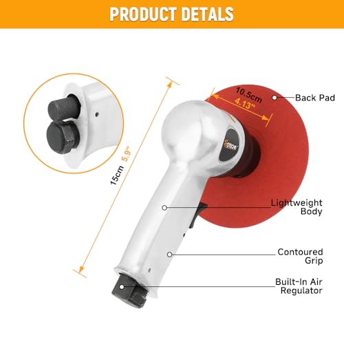 Hoteche 5" Air High-Speed Sander, 18000RPM Pneumatic Rotary Sander with 4", 5", 6" Sanding Discs, Polished Aluminum Body, Silver, Color Box Packaging by Hoteche - Image 2