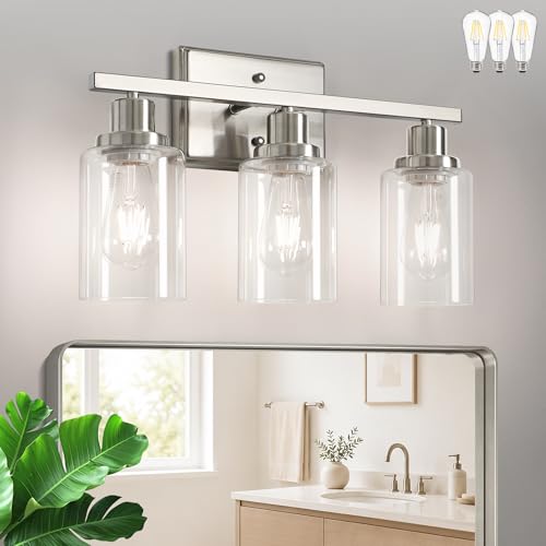 Image of Ascher Bathroom Light Fixtures, 3 Light Vanity Light with LED Bulbs Included, Brushed Nickel Wall Sconces with Clear Glass Shades for Mirror, Kitchen, Living Room, Hallway, Cabinet