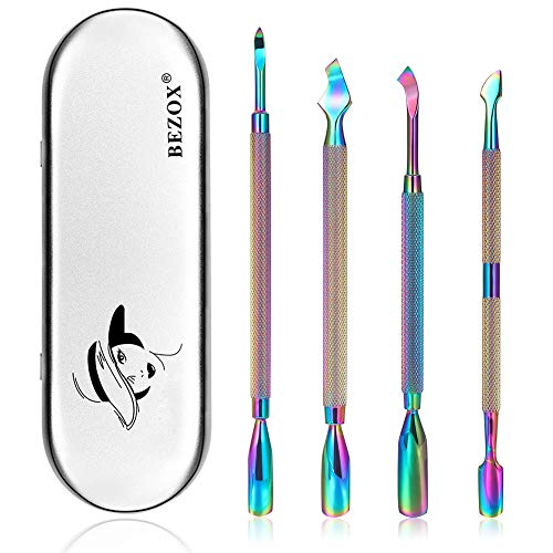 BEZOX Cuticle Pusher, 4PCS Premium Stainless Steel Professional Nail Pushers - Rainbow Color