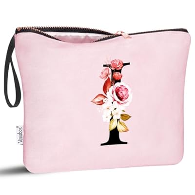 Vavabox A-Z Personalized Makeup Bag, Birthday Gifts for Women Mom, Gifts for Best Friend, Bride Bridesmaid Cosmetic bag (I, Pink)
