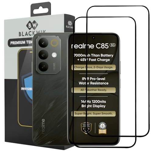 Image of Blackwik Tempered Glass Screen Protector for Realme C85 5G with Edge-To-Edge Protector Coverage | Easy Installation Kit (Black) (Pack Of 2)