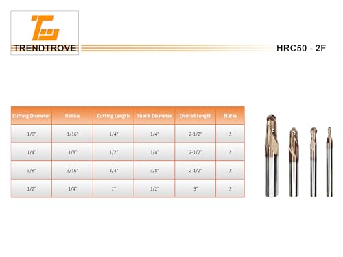 Image of Ball Nose Carbide End Mill, 2 Flute, HRC50, TiSiN Coated, CNC Router Bits for Hardened Steel, Stainless Steel, Alloy Steel, Aluminum, Metal - (1 /8 inch 1 /4 inch 3 /8 inch 1 /2 inch) Diameter (1 /2 inch Diameter)