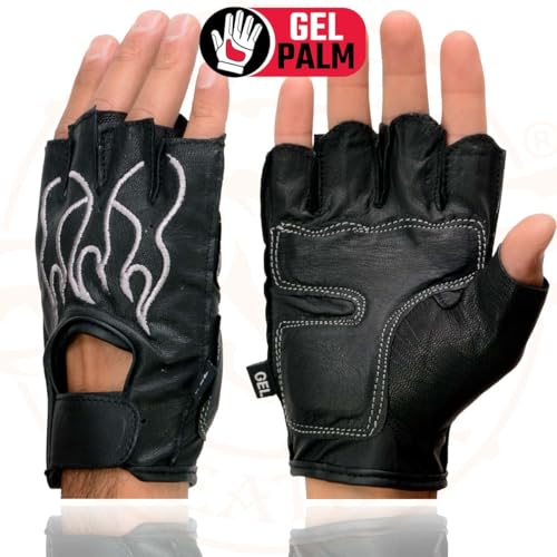 Image of Milwaukee Leather SH198 Men's Black Flame Embroidered Fingerless Gloves with Gel Palm | Padded Comfort; Vibration Relief; Flame Embroidery
