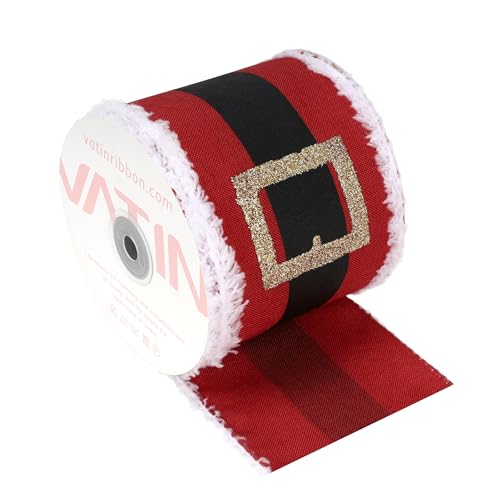 VATIN Red Linen Ribbon with Black Gold Buckle Design, 3-1/2-Inch x 10 Yards, for Stockings, Wreaths, Fireplace Mantel, Gift Wrapping, Holiday Party Decoration