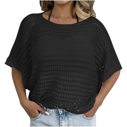 Image of Black Crochet Tops for Women UK Beach Coverups Short Sleeve Batwing Tops Oversized T Shirts Round Neck Tshirts Swimsuit Bikini Cover Ups Hollow Out Crochet Top for Summer Holiday Beachwear