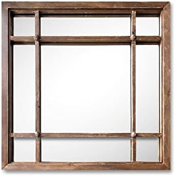 Hansen Home Brown Wooden Frame Square Decorative Farmhouse Wall Mirror - Bathroom/Bedroom/Entryway/Livingroom Accent Piece - 16"x16" Hanging Mirror with Windowpane Details