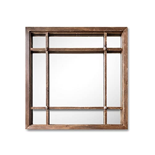 Hansen Home Brown Wooden Frame Square Decorative Farmhouse Wall Mirror - Bathroom/Bedroom/Entryway/Livingroom Accent Piece - 16"X16" Hanging Mirror With Windowpane Details #TOP11
