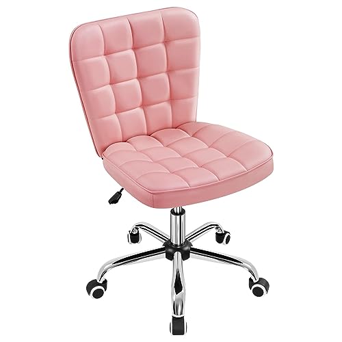 Yaheetech ModernTufted Armless Desk Office Chair Faux Leather Upholstered Computer Chair with Adjustable Seat Height and Rolling Wheels for Home/Office, Pink