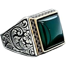 Square Green Agate Men Ring, Green Aqeeq Ring, Ottoman Style Ring, Engraved Silver Ring, Gemstone Signet Ring, Father Day Gift, 925k Silver