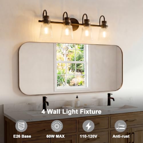 Image of Vintage Farmhouse Vanity Wall Sconce Lighting, 4-Light Oil Rubbed Bronze Bathroom Vanity Light Over Mirror with Clear Striped Glass Shade, 25.7 inch Retro Wall Lamp for Bedroom Living Room