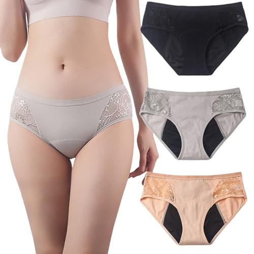 GJXWD Pack de 3 Bragas Menstruales para Flujo Abundante - Ropa Interior de Algodón Lavable - Bragas Menstruales Absorbentes - Incontinencia para Mujer3 Pcs,L