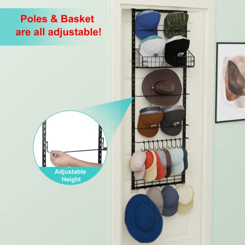 Yociyoga Metal Hat Rack Organizer For Baseball Caps For Door Closet Hat Holder With Retractable Door Hangers, Storage Basket & 17 Hat Hooks, Height Adjustable Cap Storage Shelf #TOP2