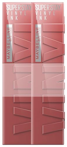 Maybelline New York lápiz labial líquido, Liquid Lipstick con 16 horas de duración y acabado brillante, Super Stay Vinyl Ink, n.º 35 Cheeky, 2 x 4,2 ml