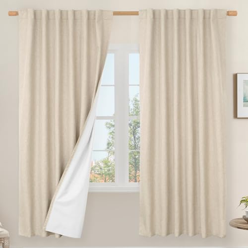 LAMIT 72 Inches 100% Blackout Natural Linen Curtains for Living Room, Linen