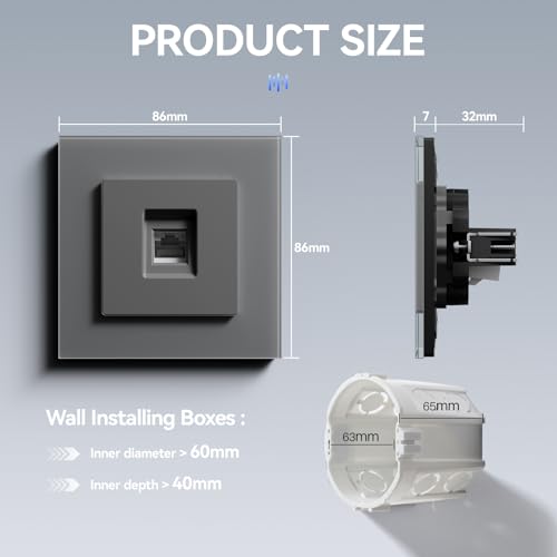 BSEED Einzelne Netzwerkdose CAT6 aus Glas,Unterputz Wandsteckdose mit Krallen, NEU E-Serie, 86mm Grau