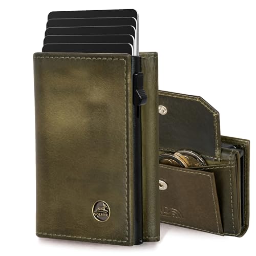 Fa.Volmer ® POP-UP Kartenetui mit Münzfach aus Echtleder für Herren & Damen | 11 Karten | RFID Schutz | Geldbörse (Hunter Green, Großes Münzfach)
