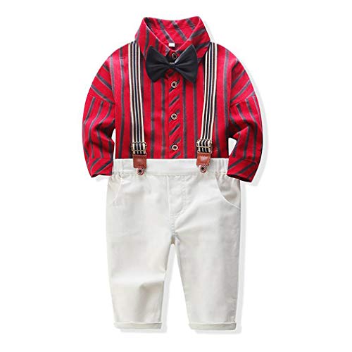 Baby Boys 2Pcs Gentleman Party Suit Outfits Clothes Set for 1-5T Little Kids Toddler Newborn Bow Tie Striped Shirt+Suspenders Trousers (Red, 2-3 Years Old)