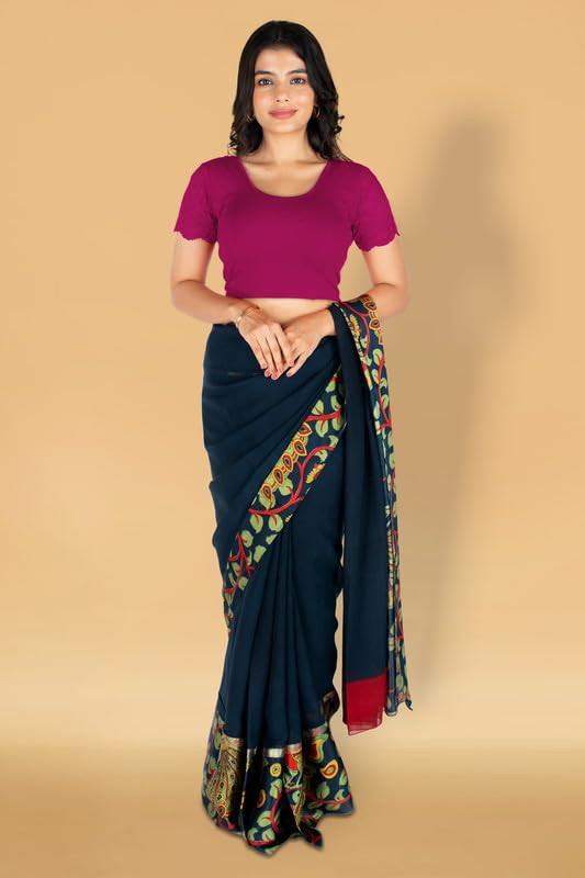 Image of Abhi Cotton Readymade Saree Blouse for Women- Half Net Sleeves, Round Neck, Regular-fit, Stretchable, Pull-on Style Blouse