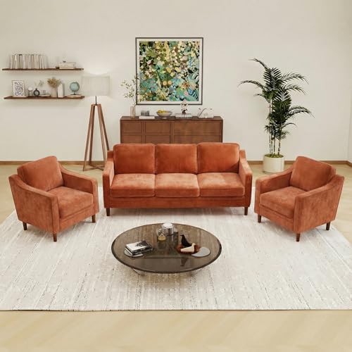Image of Kingfun Couch Sets for Living Room, 3 Seater Couch and Armchair, Mid Century Modern Sofa Set, Chenille Couch with Solid Wood Frame for Bedroom